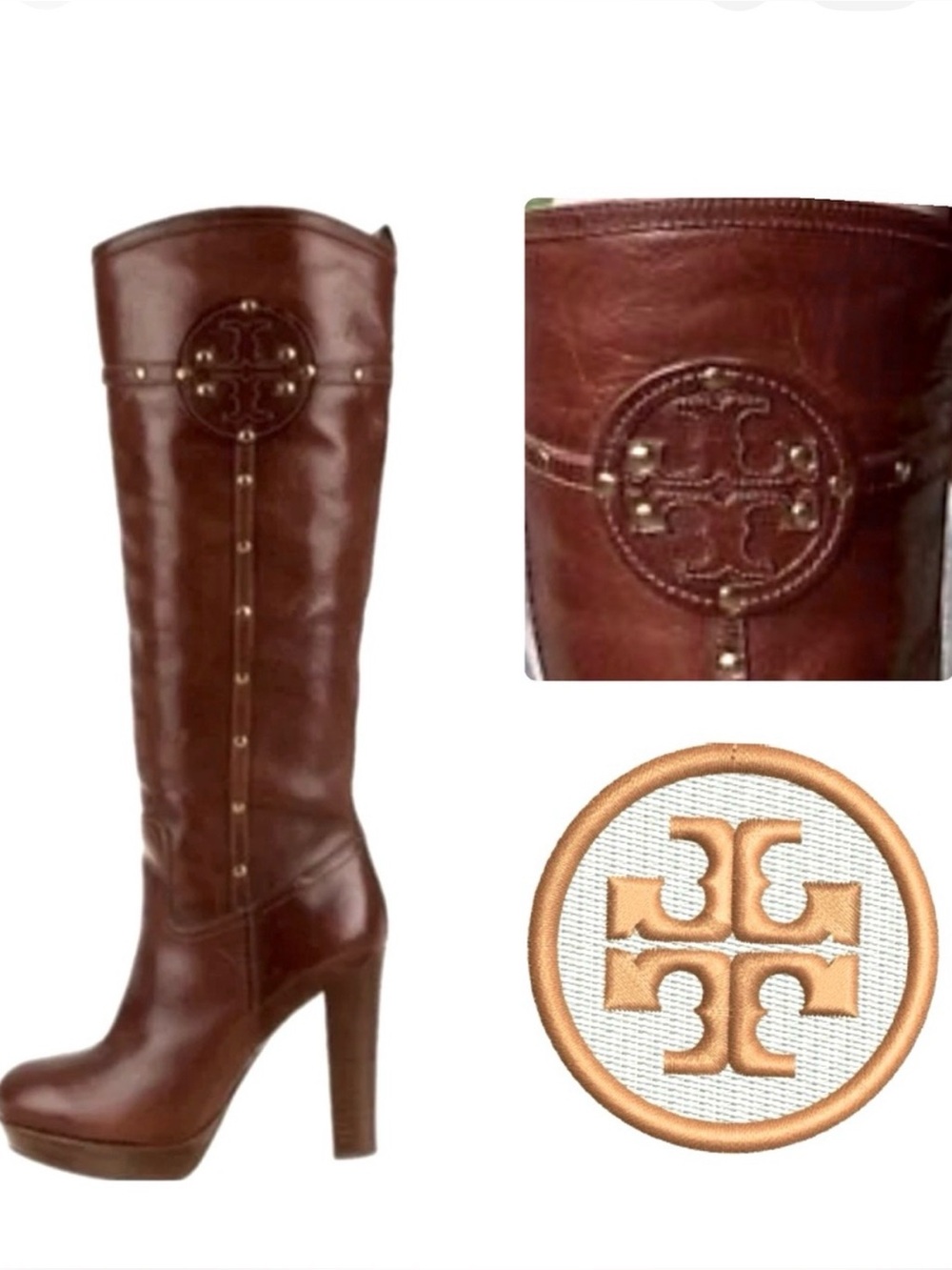 Tory Burch Colleen studded Platform knee high boots. Color Sienna Brown
